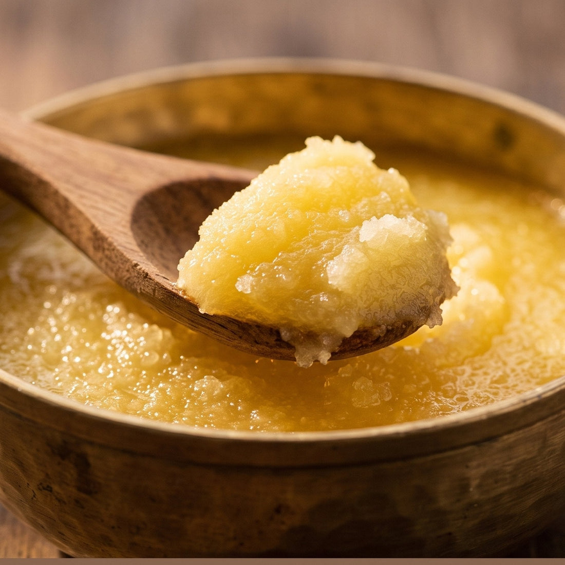 A wooden spoon lifting grainy golden ghee from a brass bowl