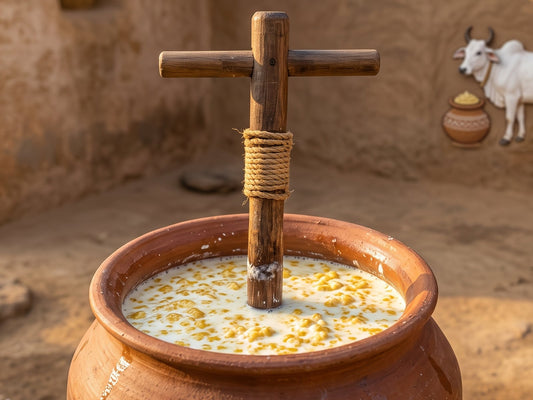A traditional wooden hand churn standing in an earthen pot of curd