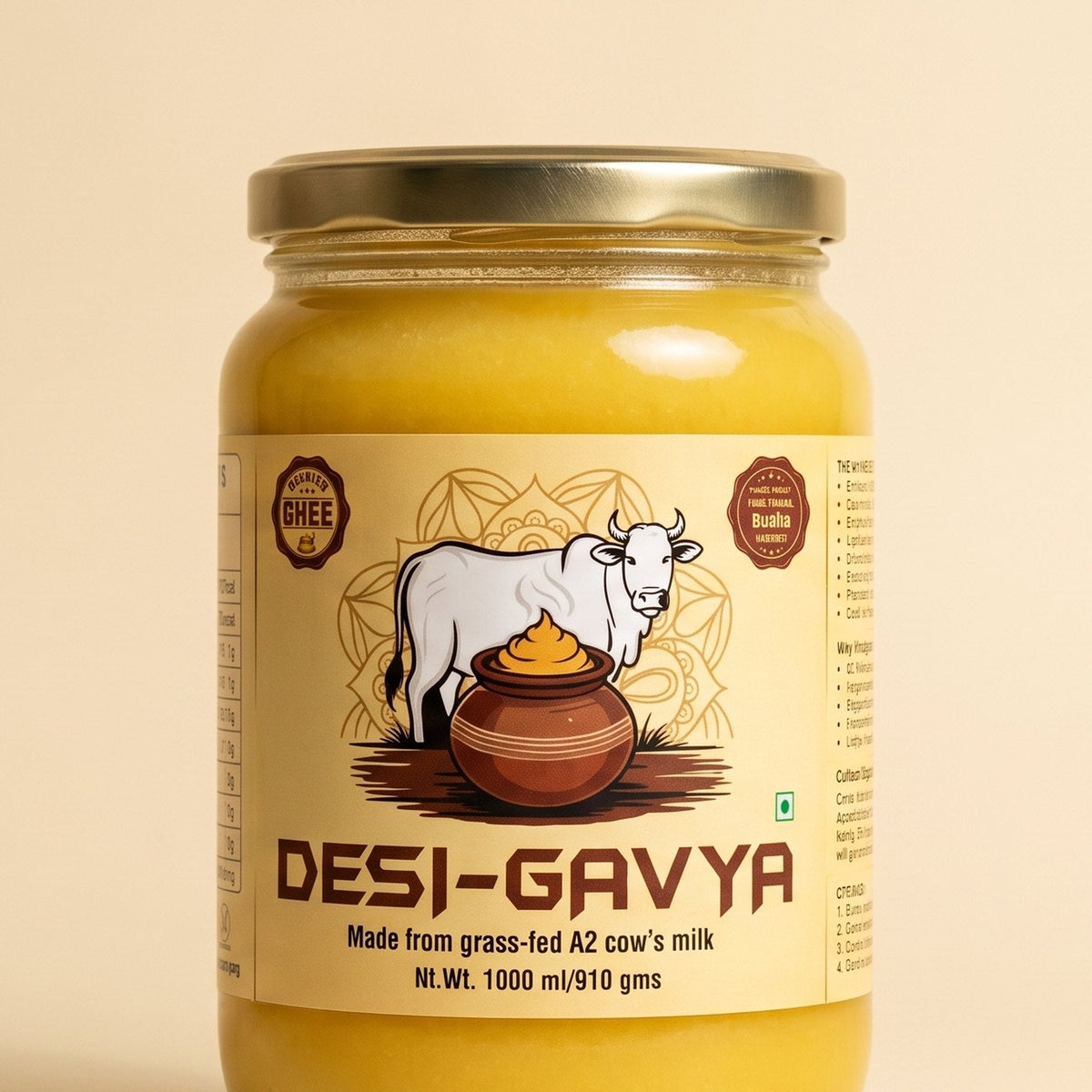 A one litre jar of Desi-Gavya bilona ghee, front label facing forward