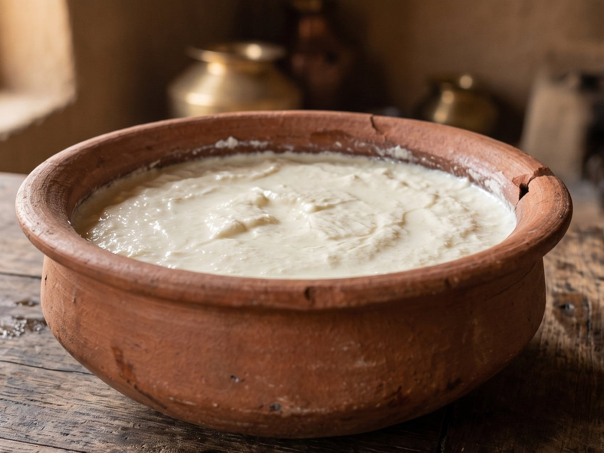 Set curd in a wide earthen pot on a wooden table