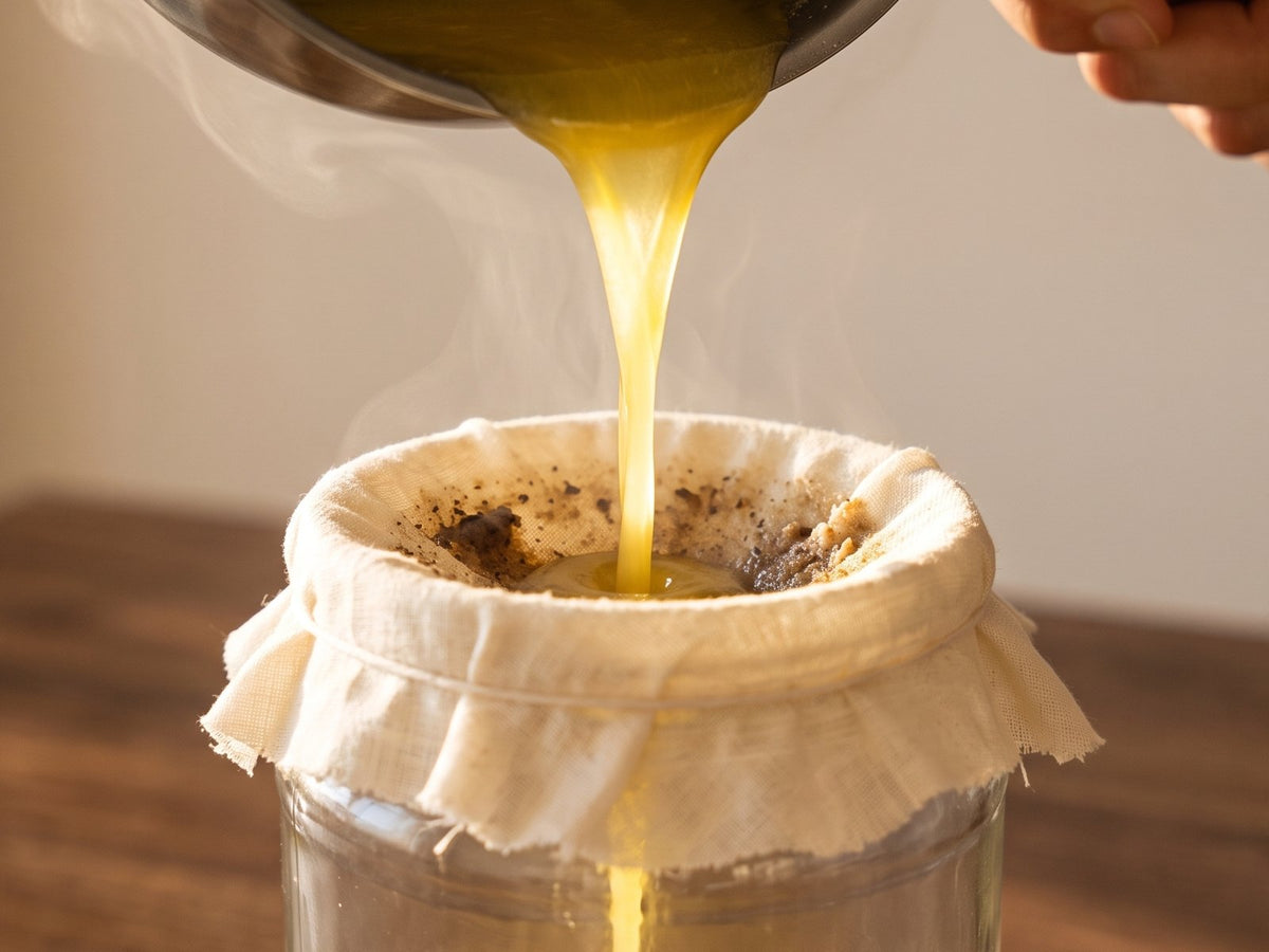 Hot ghee being strained through muslin into a glass jar