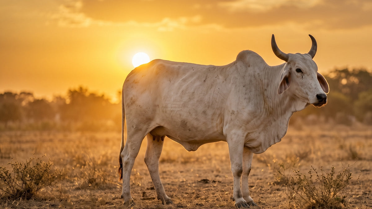 Indigenous humped cattle standing in an open field at sunrise