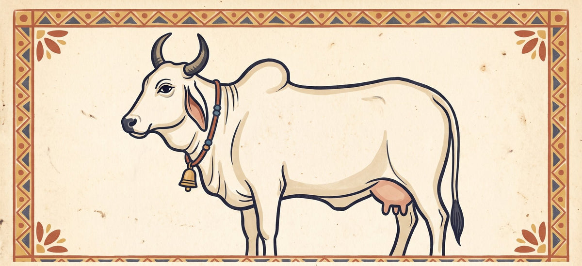 Folk-art illustration of a white Indian cow wearing a bell, inside a painted border