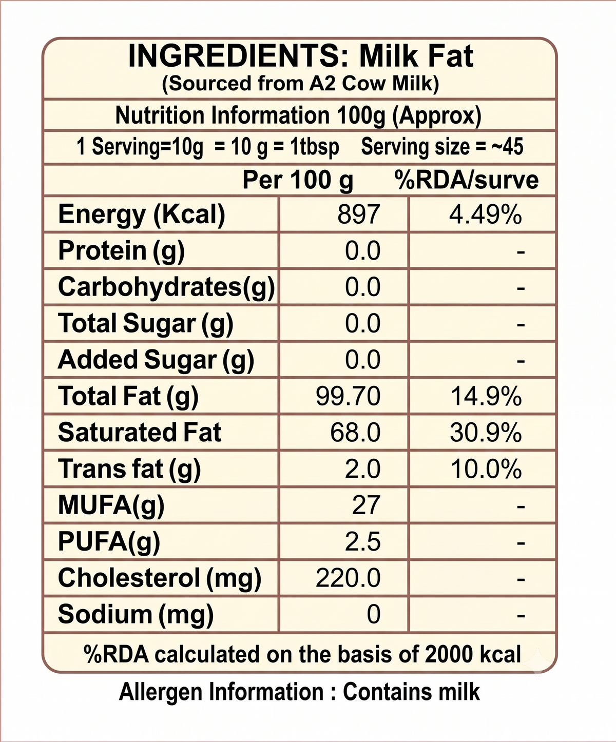 Ingredients and nutrition information panel from the Desi-Gavya Gir cow ghee label