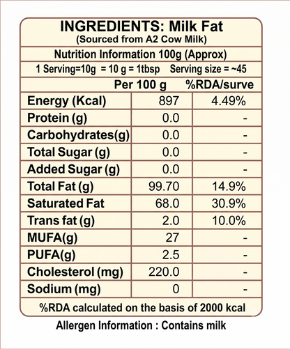 Ingredients and nutrition information panel from the Desi-Gavya Gir cow ghee label